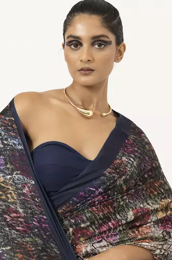   navy blue silk abstract printed saree