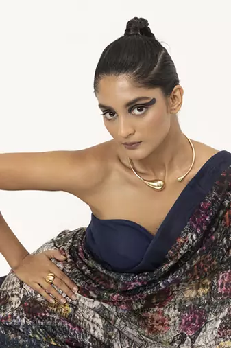   navy blue silk abstract printed saree