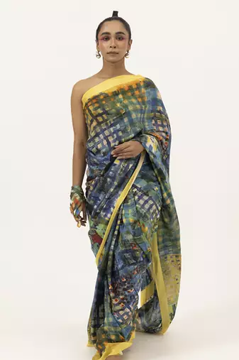 Blue silk geometric printed saree
