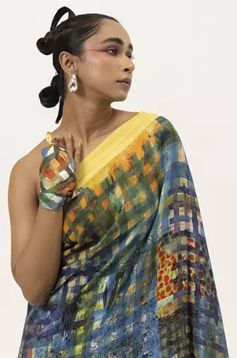 Blue silk geometric printed saree