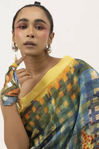 Blue silk geometric printed saree