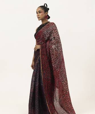 Red silk abstract printed saree 2