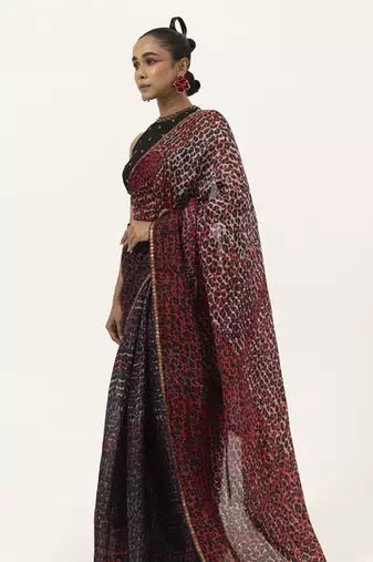 Red silk abstract printed saree
