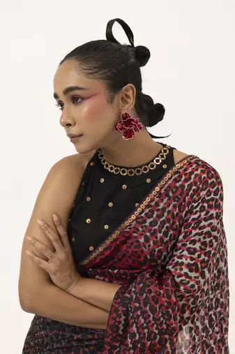 Red silk abstract printed saree