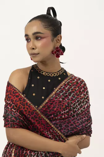 Red silk abstract printed saree