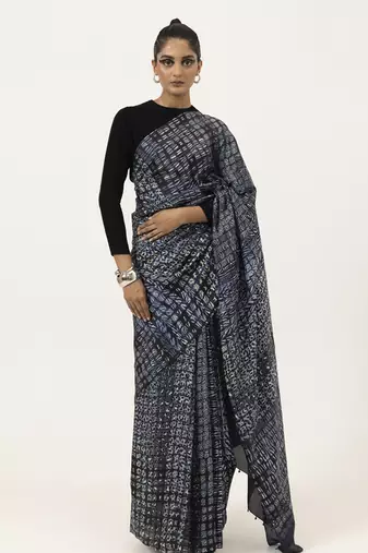 Blue abstract printed silk saree