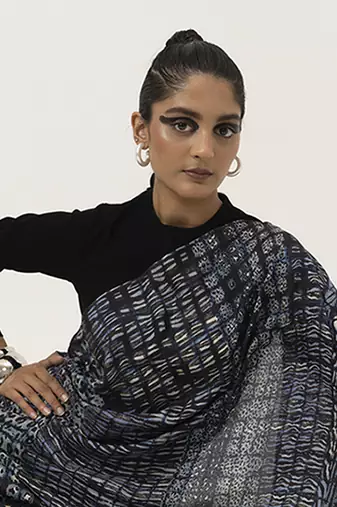 Blue abstract printed silk saree