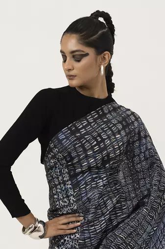 Blue abstract printed silk saree