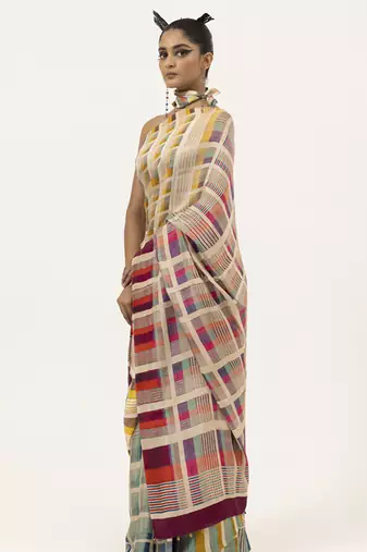   multicolor geometric printed silk saree