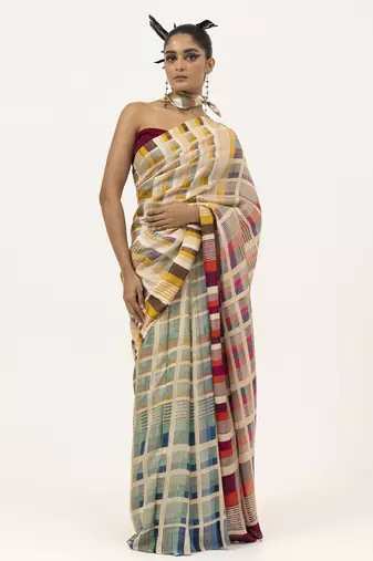   multicolor geometric printed silk saree