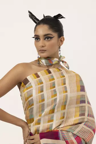   multicolor geometric printed silk saree