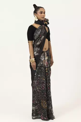 Black silk abstract printed saree