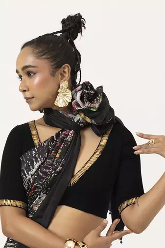 Black silk abstract printed saree