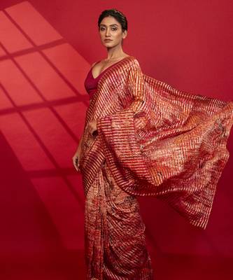 Red cotton silk stripes printed saree 1