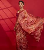 Red cotton silk stripes printed saree