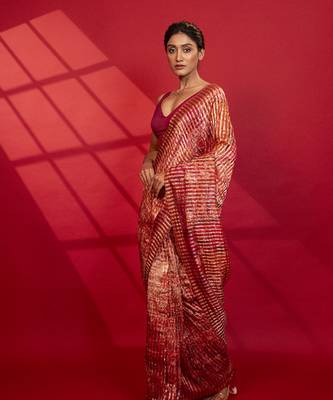 Red cotton silk stripes printed saree 2