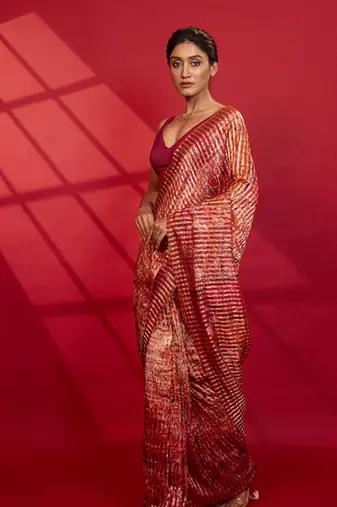 Red cotton silk stripes printed saree