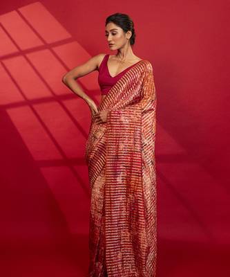 Red cotton silk stripes printed saree 3