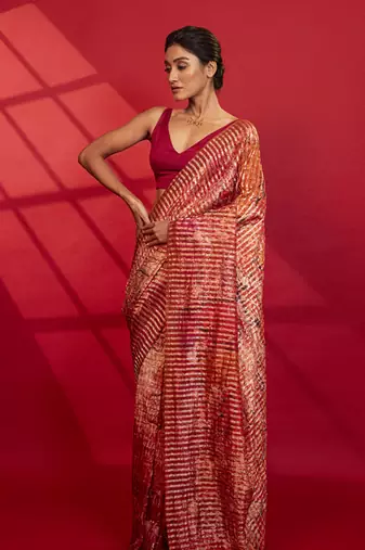 Red cotton silk stripes printed saree
