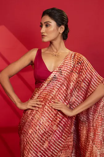 Red cotton silk stripes printed saree