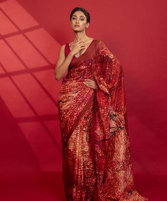 Red abstract printed silk saree 1