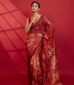Red abstract printed silk saree