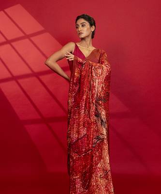 Red abstract printed silk saree 2