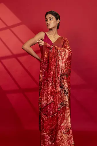 Red abstract printed silk saree
