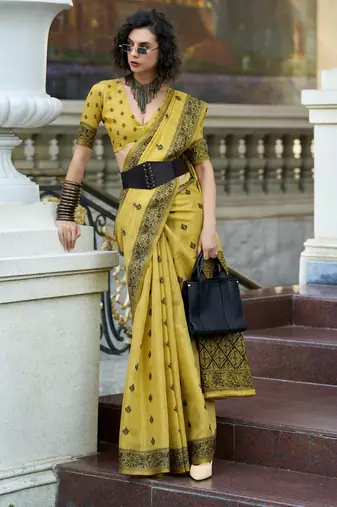 lemon tissue silk blend saree with unstitched blouse