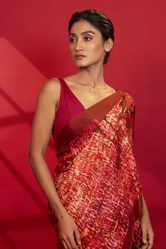 Red abstract printed silk saree