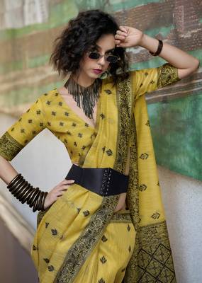 lemon tissue silk blend saree with unstitched blouse 4