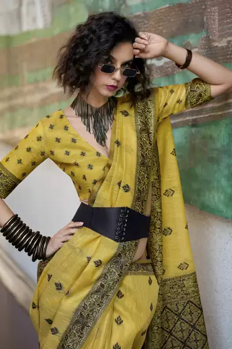 lemon tissue silk blend saree with unstitched blouse