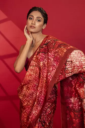 Red abstract printed silk saree