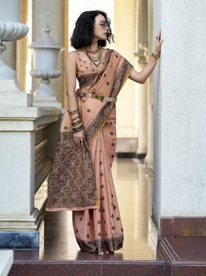 peach tissue silk blend saree with unstitched blouse 1