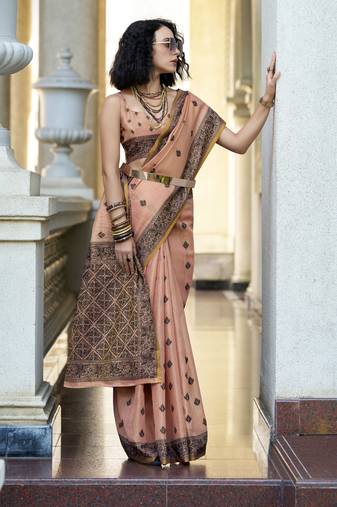 peach tissue silk saree with unstitched blouse