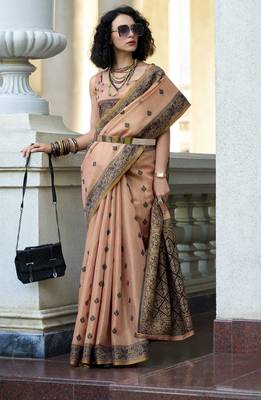 peach tissue silk blend saree with unstitched blouse 2