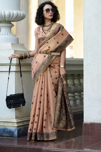 peach tissue silk blend saree with unstitched blouse