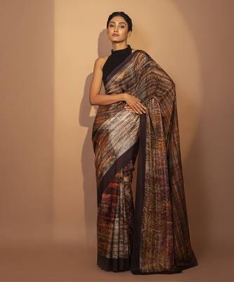 Brown silk abstract printed saree 1