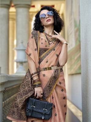 peach tissue silk blend saree with unstitched blouse 3