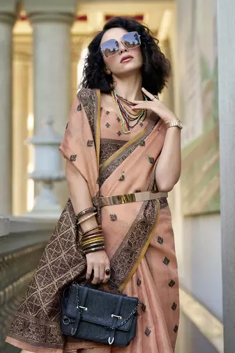 peach tissue silk blend saree with unstitched blouse