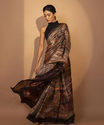 Brown silk abstract printed saree 2