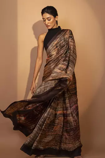 Brown silk abstract printed saree