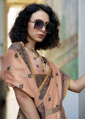 peach tissue silk blend saree with unstitched blouse 4