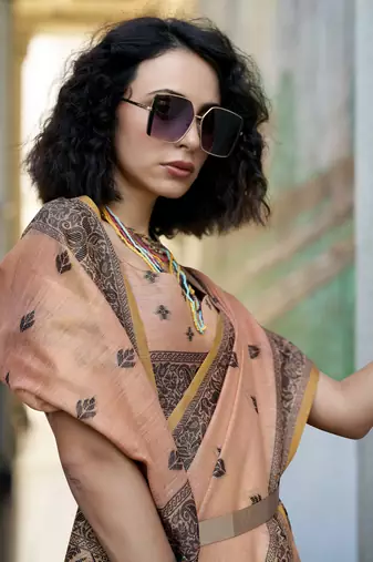 peach tissue silk blend saree with unstitched blouse