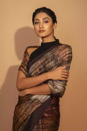 Brown silk abstract printed saree