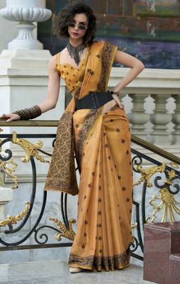 orange tissue silk blend saree with unstitched blouse 1