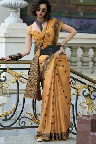 orange tissue silk saree with unstitched blouse