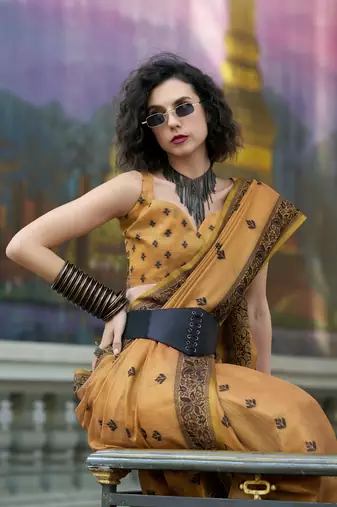 orange tissue silk blend saree with unstitched blouse