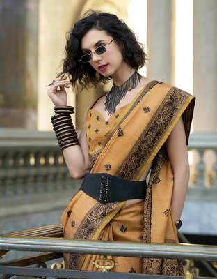 orange tissue silk blend saree with unstitched blouse 4