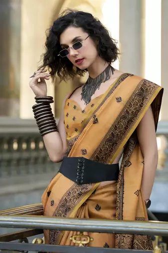 orange tissue silk blend saree with unstitched blouse